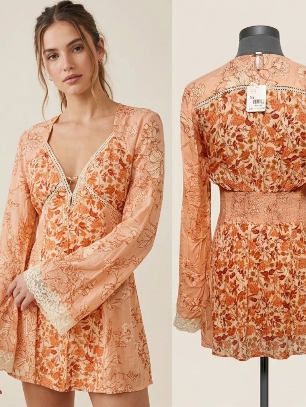 Free People NWT Floral Tunic Mini Dress XS Boho Prairie Cottagecore